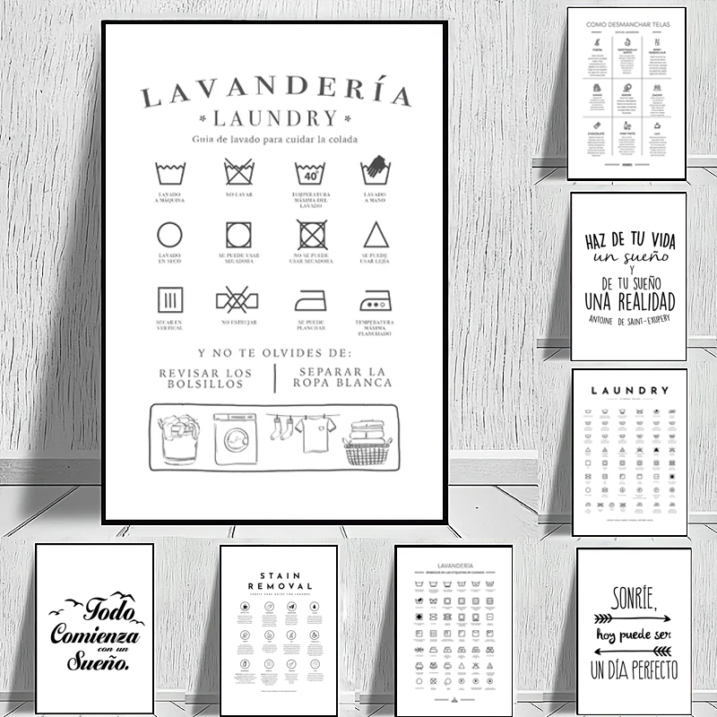 Vintage Fashion Illustrations - Испанский Símbolos de Lavandería, настенные картины